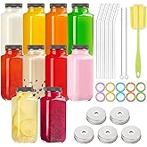 TUZAZO 10 Pack 8 Oz Glass Juice Bottles with Lids, Reusable Travel Drinking Jars Juice Containers, Glass Bottles for Juicing with Brush, Straws, Lids with Hole