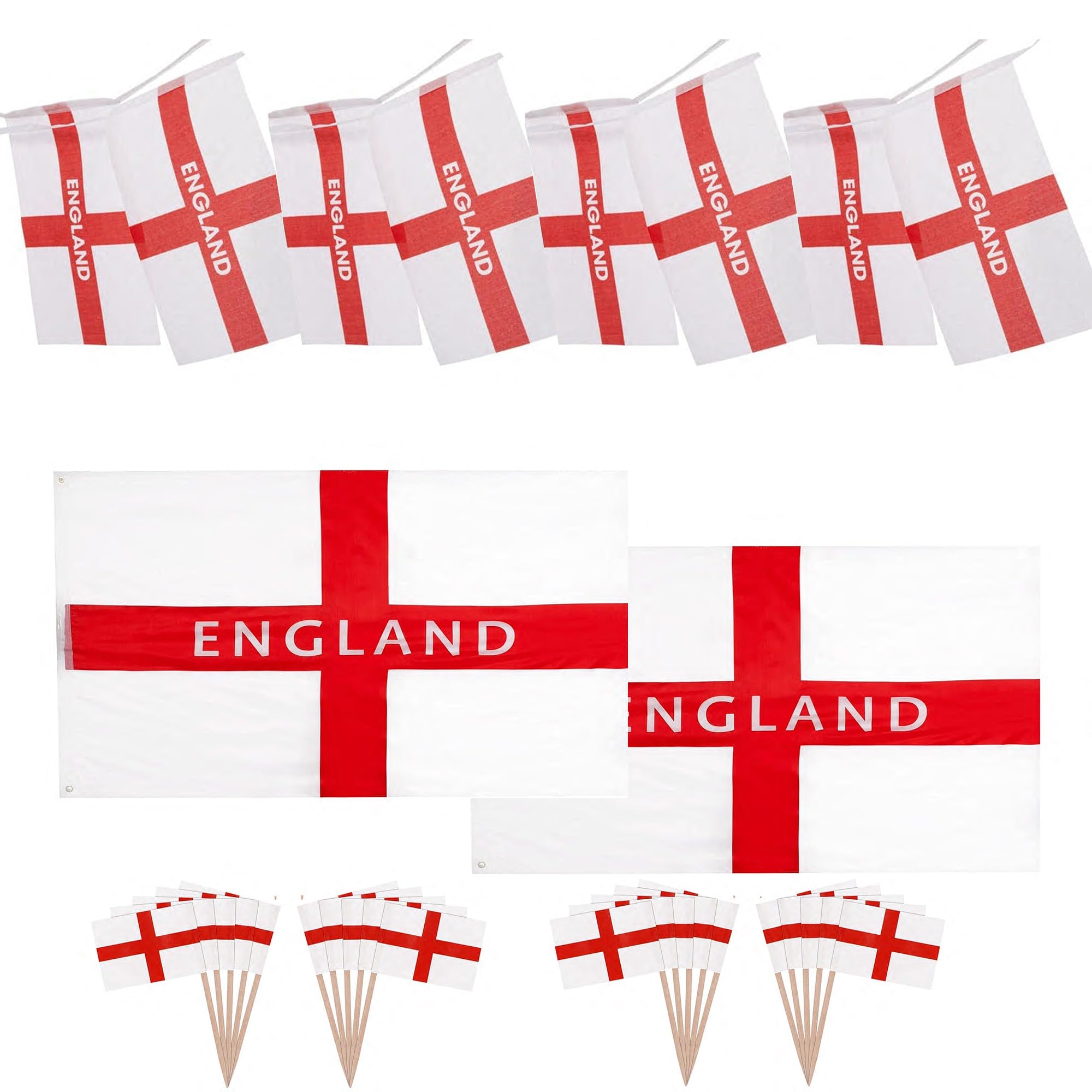 5ft x 3ft 2 England Printed St George Cross National Flag + 12m Bunting & 50 Cocktail Sticks Sporting Events Decorations For Rugby Football Banner