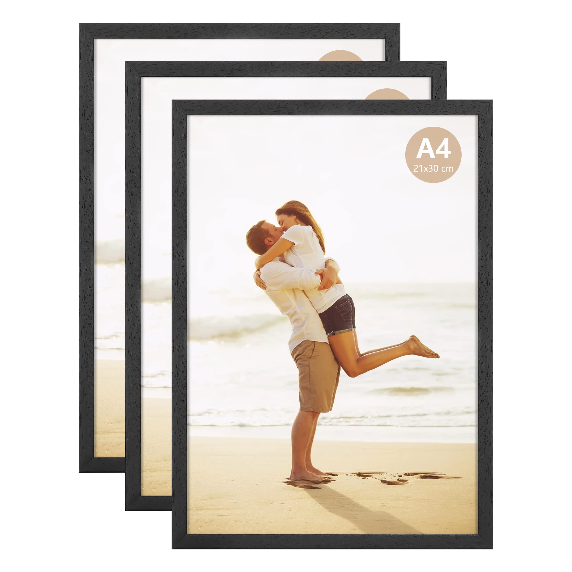 ATOBART A4 Photo Picture Frame, 21 X 30 CM Wood Black Certificate Frames for Wall Tabletop Display Horizontally or Vertically, Set of 3