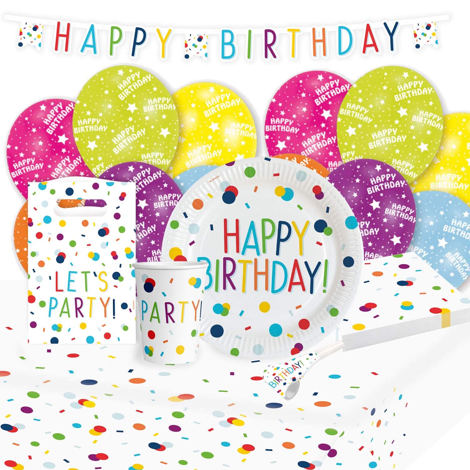 amscan 10202785 9907563 Confetti Birthday Party Set with 8 Plates 23 cm 8 Cups 250 ml 20 Napkins 33 x 33 cm Tablecloth 115 x 175 cm Garland 180 cm 8 Paper Bags 6 Latex Balloons 27.5 cm