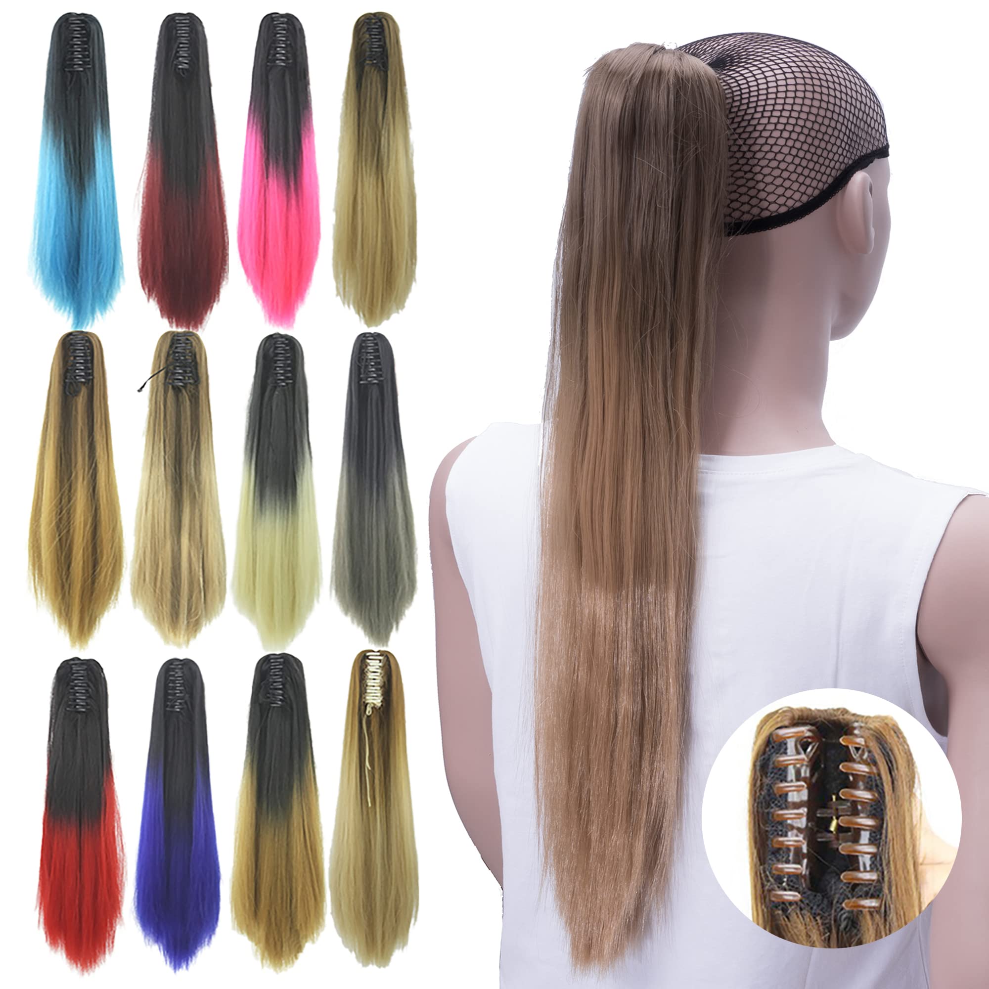 IMISSU Straight Clip on Hairpiece Extensions Pony Tail Clip Claw Ombre Ponytail Hair Pieces (Ombre Light Copper)