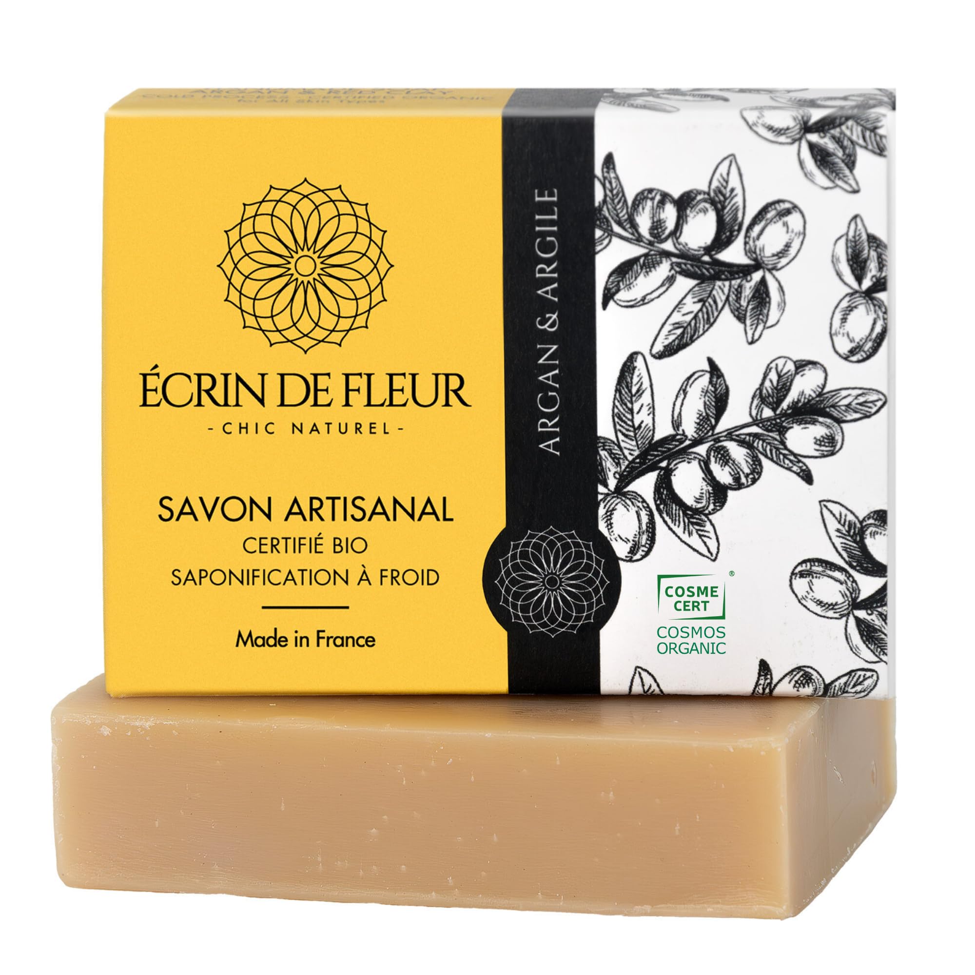 Écrin de Fleur – Organic Argan & Clay Soap Bar, COSMOS & Nature et Progrès Certified, Cold Process Handmade, 90g