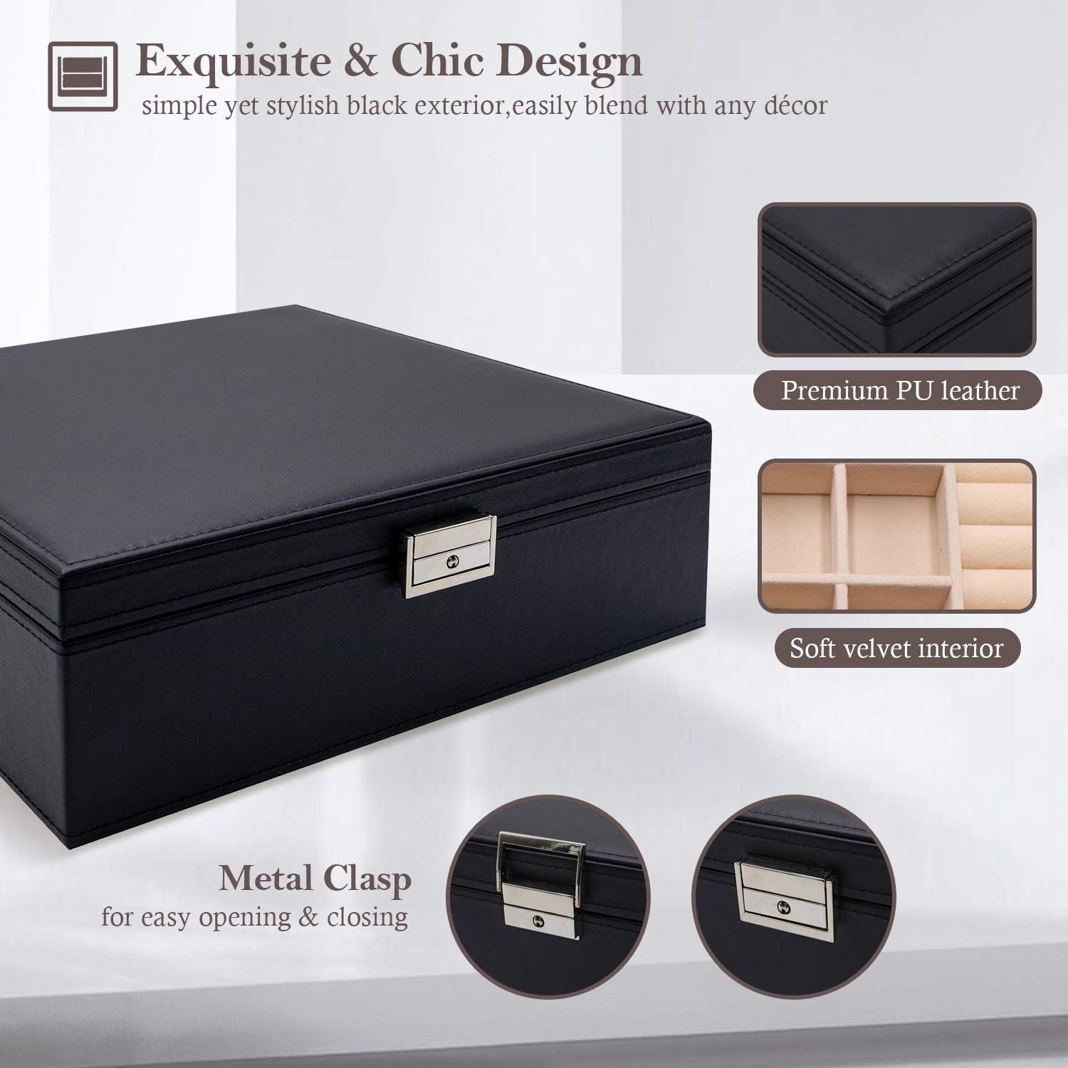 ProCase Jewelry Box for Women Girls, Large Leather Jewelry Organizer Storage Case with Two Layers Display for Earrings Bracelets Rings Watches -Black: Clothing
