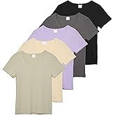 Real Essentials 5 Pack: Women's Ribbed V-Neck T-Shirt Short Sleeve Tee Shirt Soft Casual Lounge Everyday Top Ladies Teens