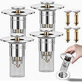 Bathroom Sink Stopper Hair Catcher, Pop Up Sink Drain Stopper with Removable Stainless Steel Filter Basket Hair Catcher for Universal Bathroom Basin Sink Stopper Replacement (Silver, 4Pcs)
