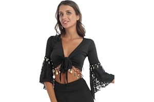 XUNZOO Women Glitter Bead Tassel Belly Dance Top Lace 3/4 Flared Sleeves Shawl Crop Tops Dancewear