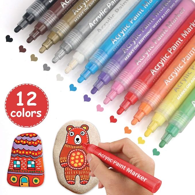 Acrylfarbe Marker Stifte, Acrylstifte Marker, Acrylfarben, Wasserfest, Permanent, Zweiseitige Stiftspitze, 12 Farben Set, Ide
