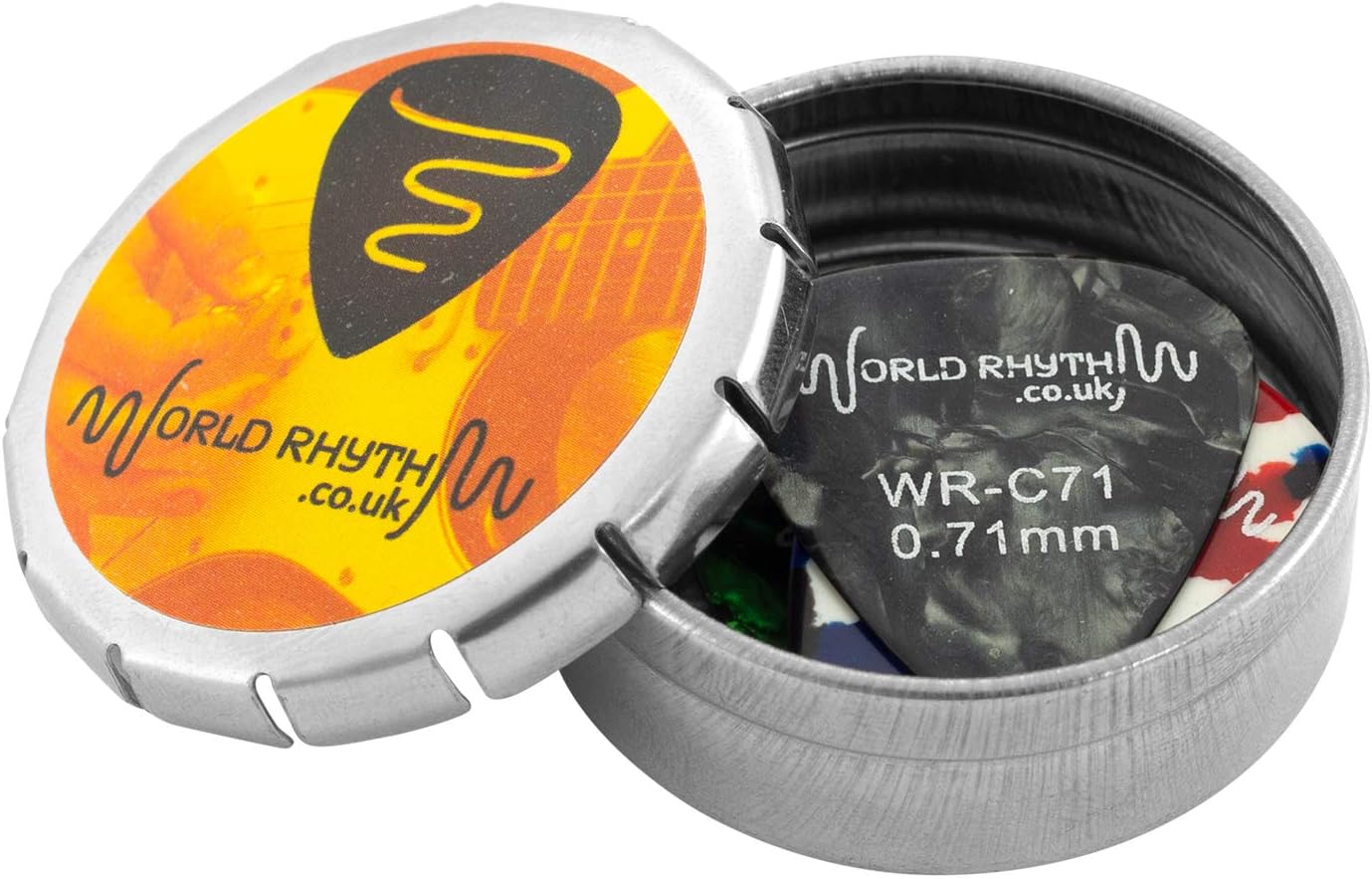 World Rhythm 0.71mm Guitar Picks - 12 Celluloid Guitar Plectrums & Storage Tin - Range of Colours/Designs - Image 3