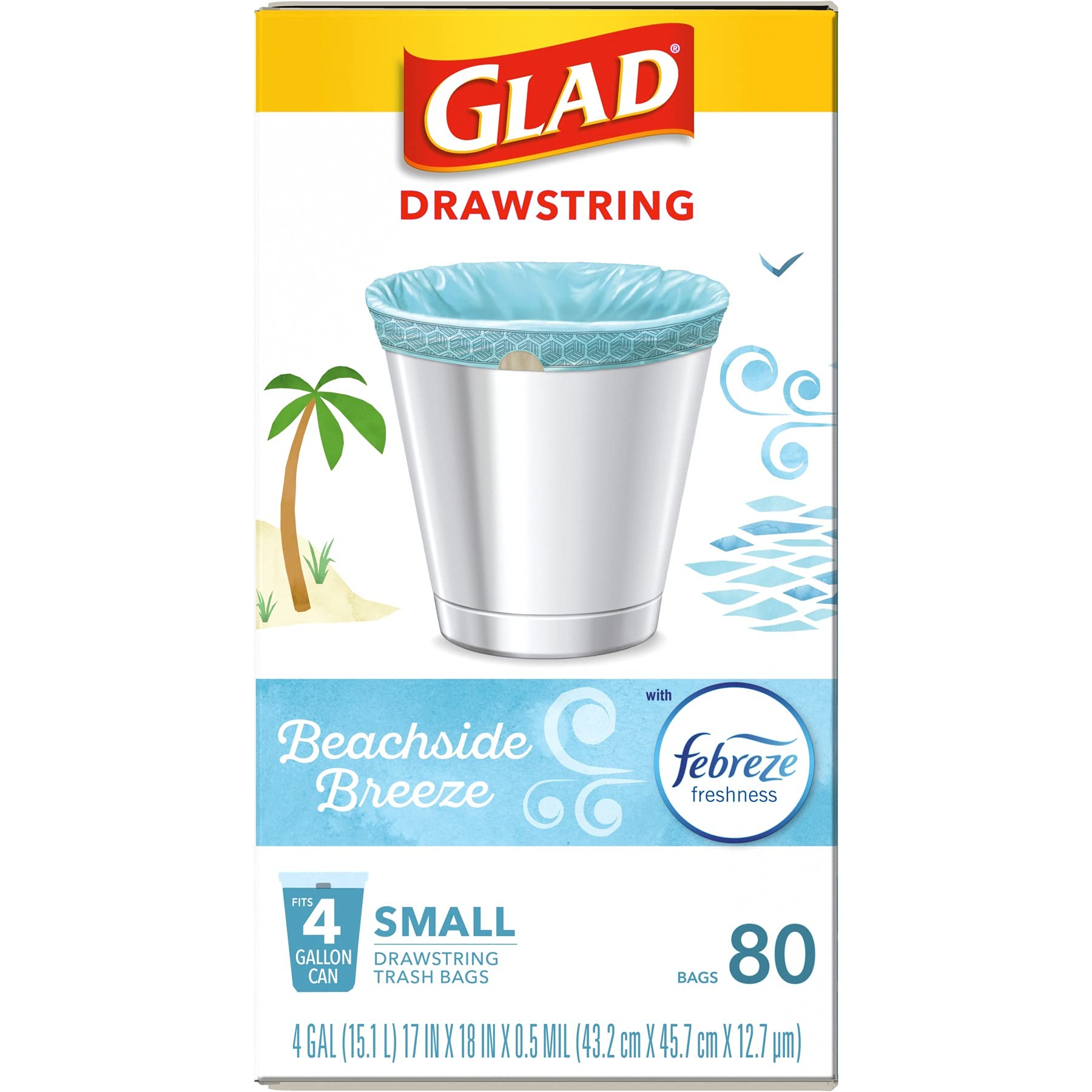 Glad Small Trash Bags 4 Gallon, Febreze Beachside Breeze Garbage Bags, Odor Resistant with Drawstring, 80 Count