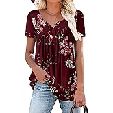 ROSELINLIN Women's Short Sleeve Shirts Floral Summer Tops Loose Fit for Leggings