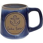 Pavilion Gift Company- Lake Livin' - 15 oz Tea Coffee Cup Mug Lakefront Waterfront Anchor Boating Outdoors Blue Glazed Kitchen Decor