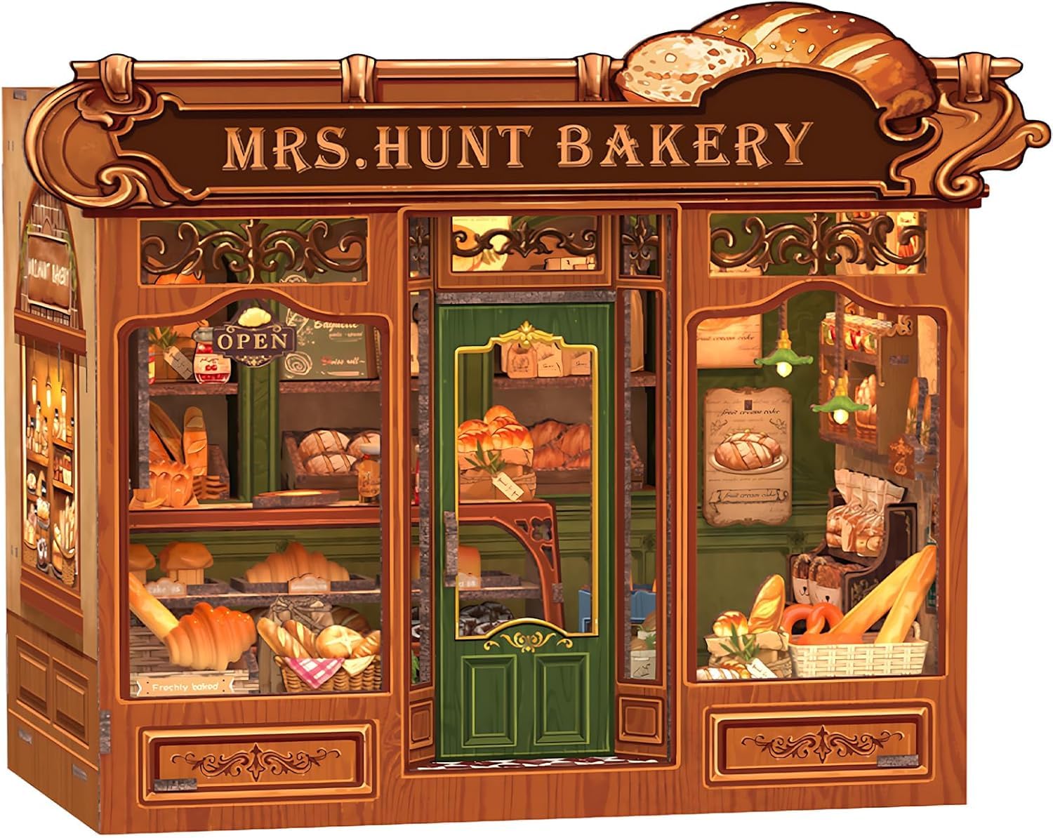 CUTEBEE Book Nook Kit - DIY Wooden Miniature Dollhouse with LED Lights, 3D Puzzle, Bakery-Themed, Bookshelf Decor, Craft Gift for Book Lovers (Mrs.Hunt Bakery)