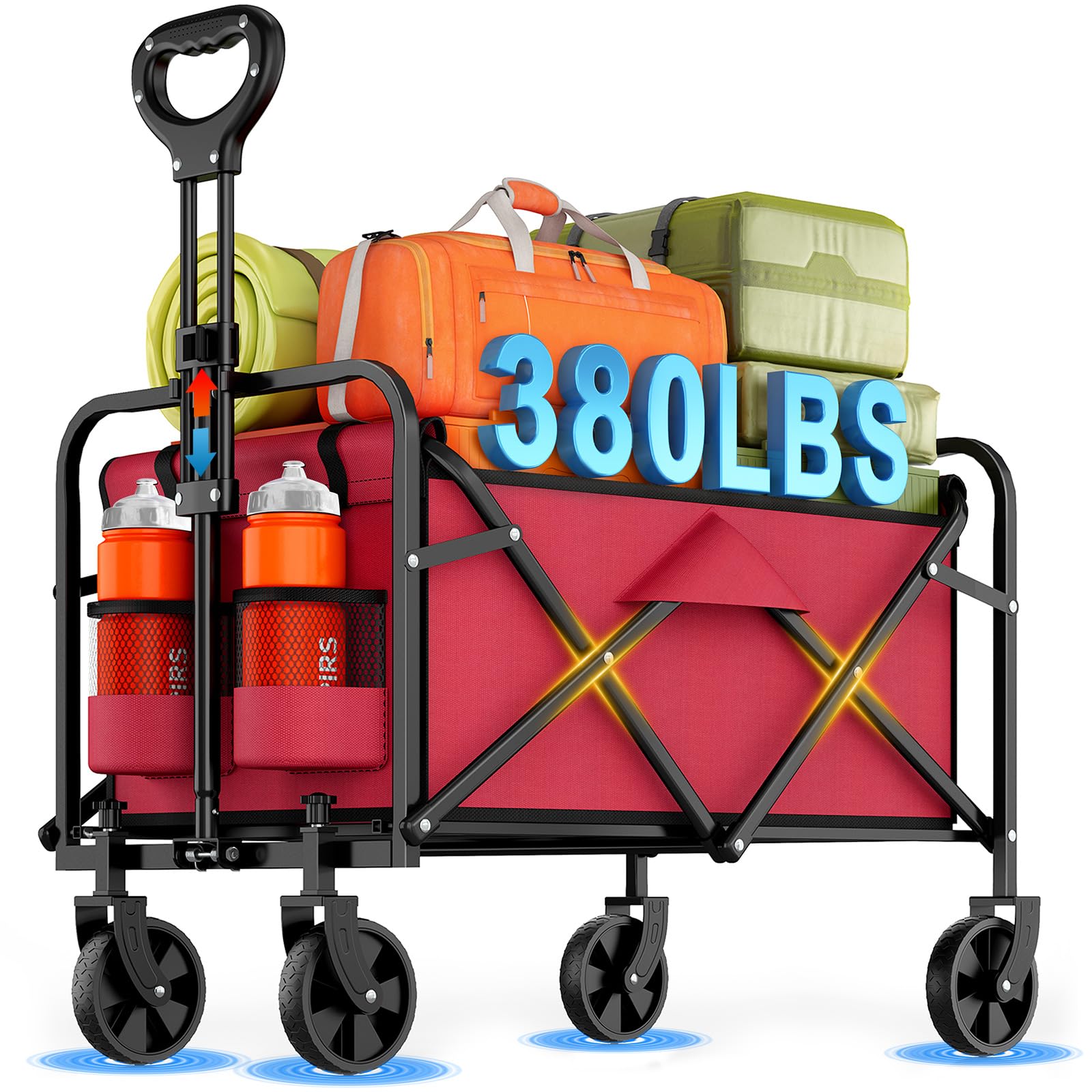 Inbrave Collapsible Wagon Cart Foldable Beach Wagon with All-Terrain Wheels - 360 LBS Heavy Duty Grocery Cart for Shopping, Beach, Camping, Sports, Garden (Red) Image