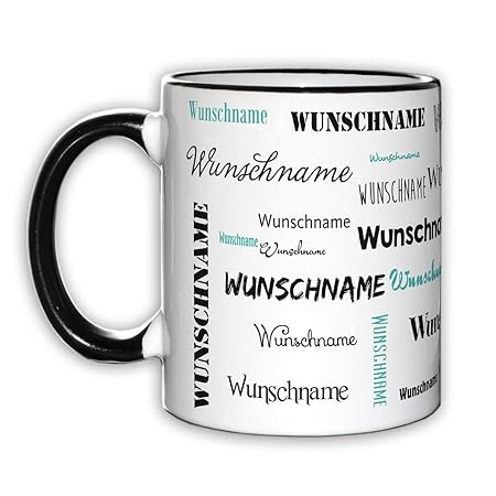 Herz & Heim® Namenstasse in verschiedenen Schriftarten 300 ml aus Keramik mit Farbauswahl Schwarz