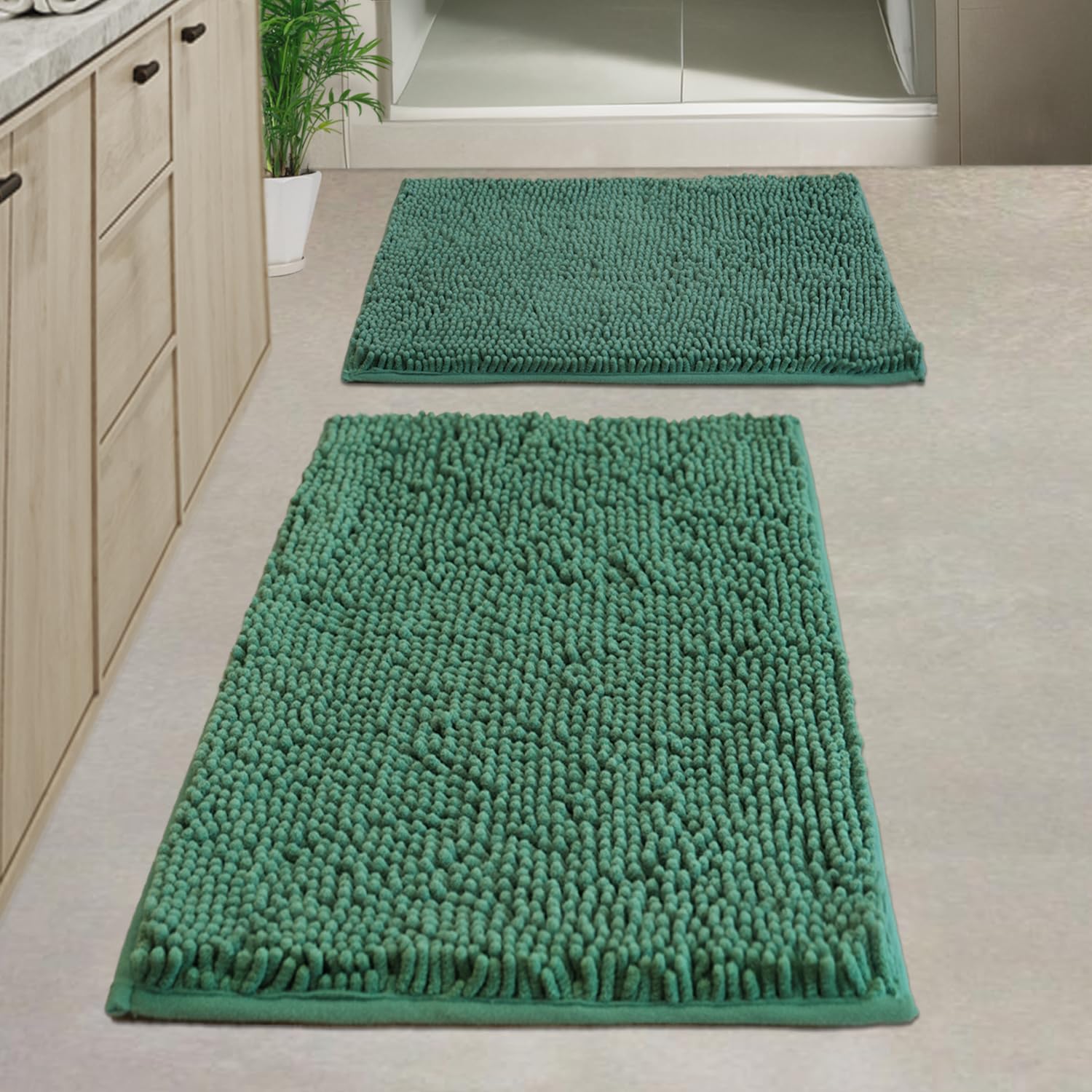 Flotstiga Bathroom Rugs Chenille, Extra Thick and Absorbent, Non-Slip, Machine Washable, Dry Quckily, Soft Cozy Plush, Used Under Shower Bathtub and Sink, Bath mat Sets 2Piece Dark Green