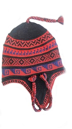 Alpacaandmore Unisex Chullo Mütze Strickmütze Alpakawolle dick gestrickt rot mit Vlies gefüttert Inka Muster Einheitsgröße
