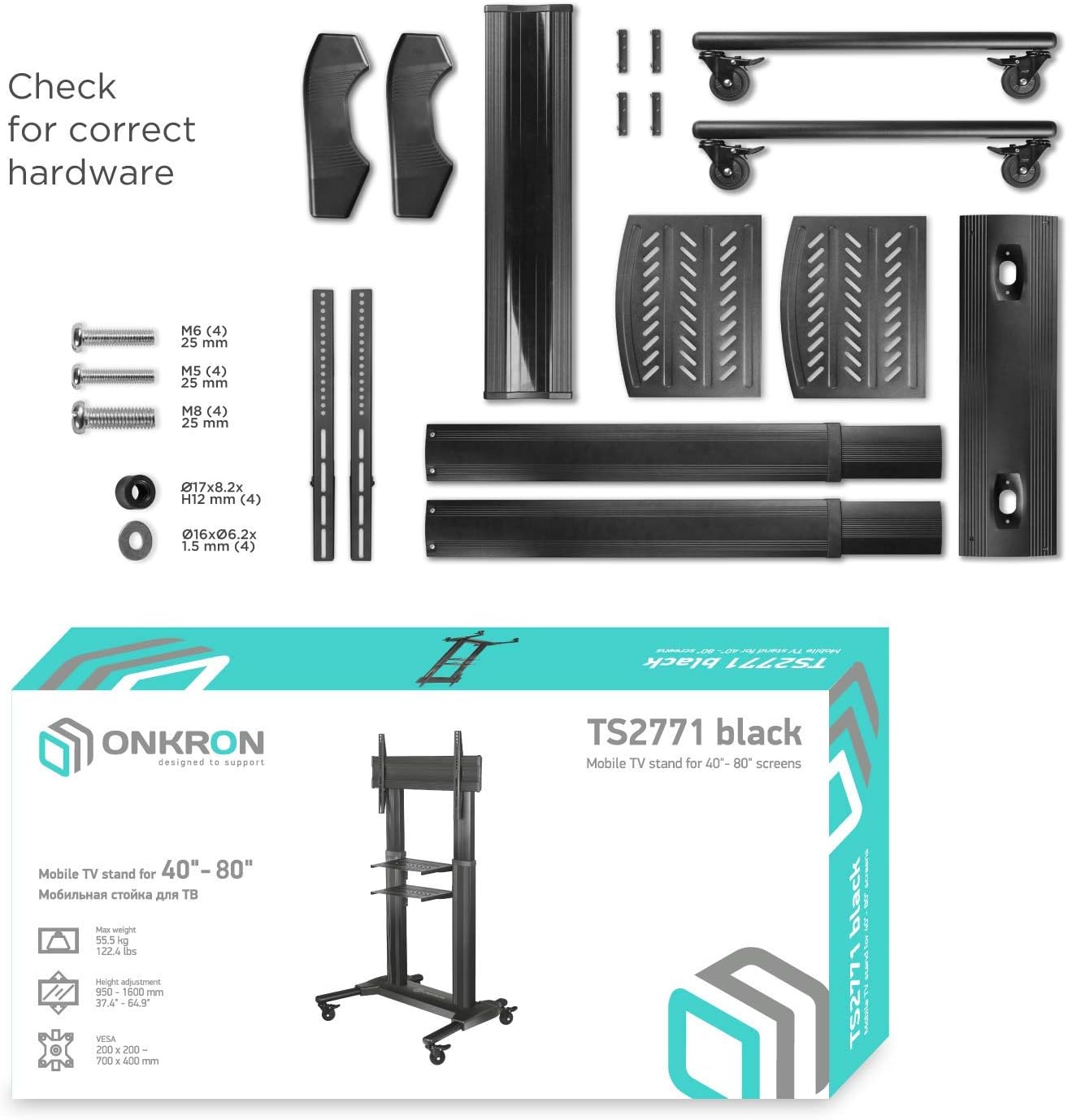 ONKRON Universal Mobile TV Stand with Shelves TV Cart on Wheels for 40” – 80 Inch Flat Panel Curved LCD LED OLED Screens up to 100 lbs TS27-71 (Black) : Office Products