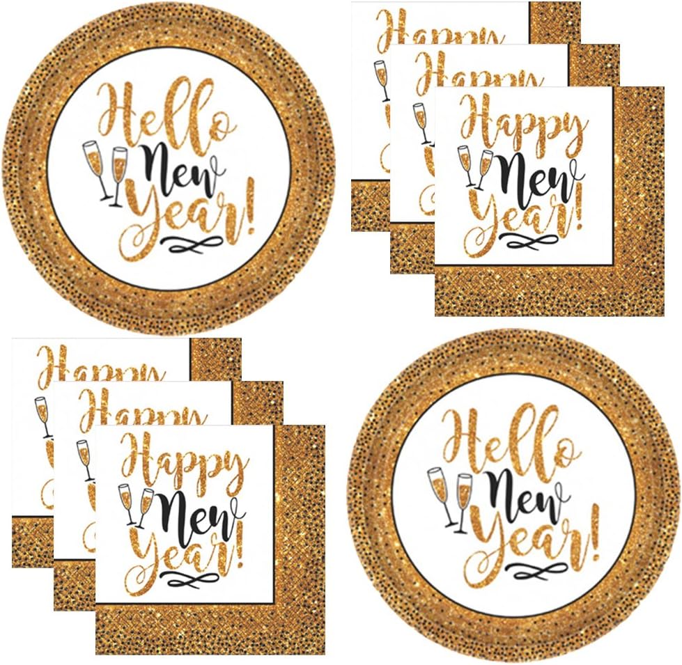 New Years Eve Essential Disposable Dinnerware Party Pack Supplies For New Years Party For 25 Black and Gold Hello New Year Paper Plates and Napkins