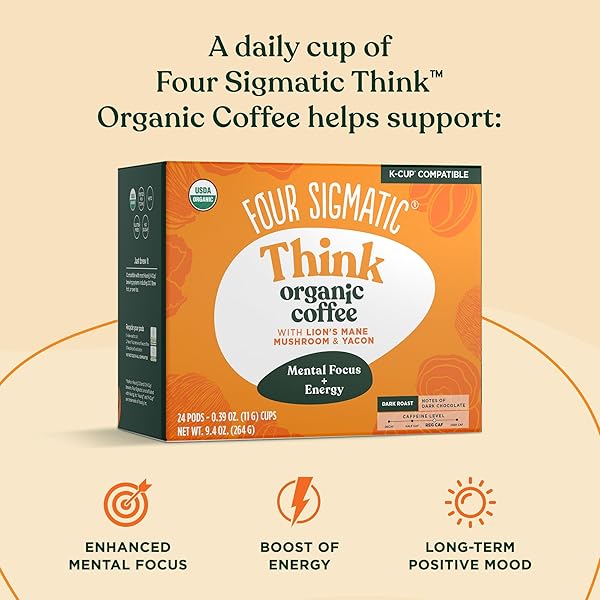 FOUR SIGMATIC MUSHROOM COFFEE K-CUPS | ORGANIC DARK ROAST COFFEE WITH LION’S MANE MUSHROOM POWDER & YACON | FOCUS & IMMUNE SUPPORT | VEGAN & KETO | SUSTAINABLE PODS | 24 COUNT
