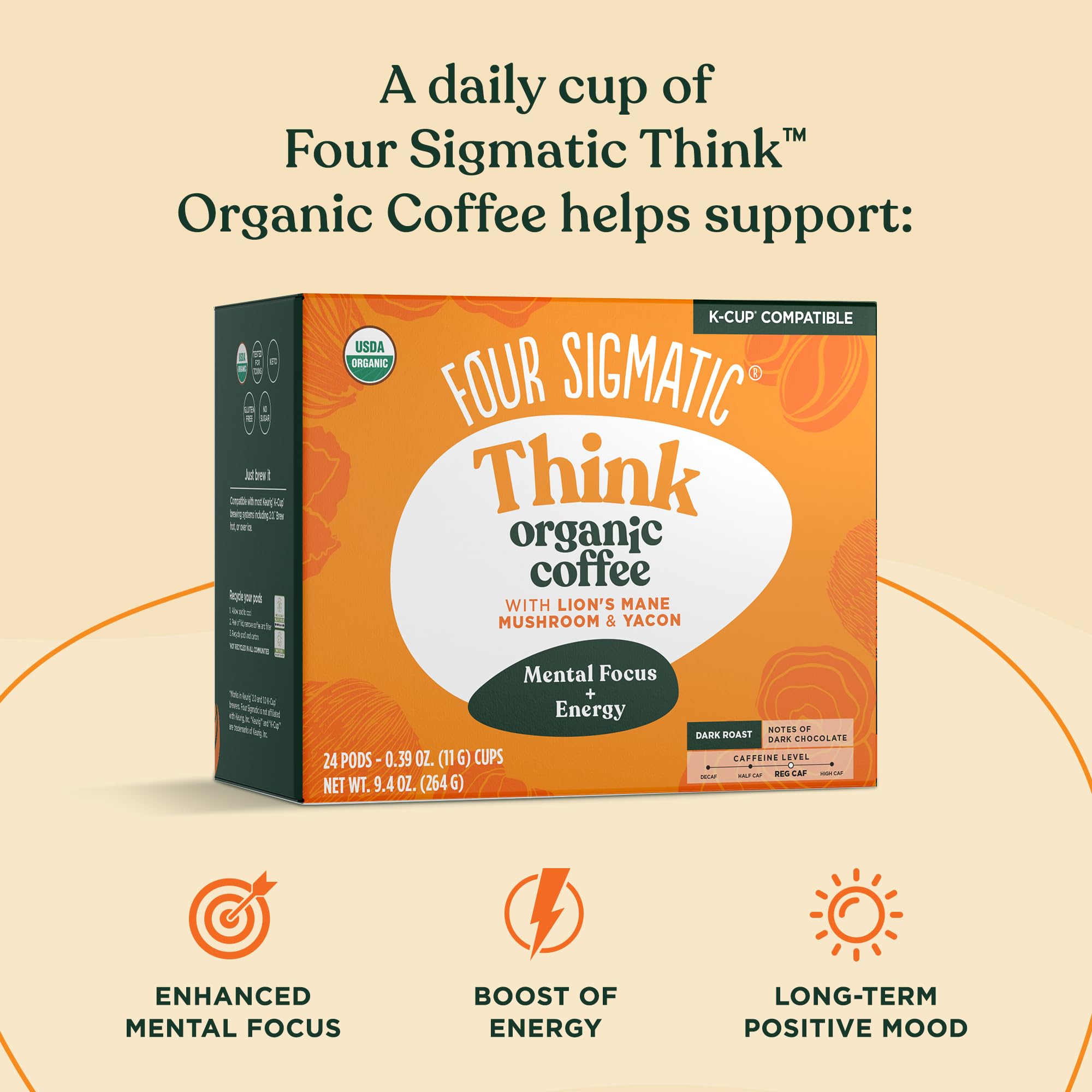 Four Sigmatic Mushroom Coffee K-Cups | Organic and Fair Trade Dark Roast Coffee with Lion’s Mane Mushroom Powder & Yacon | Focus & Immune Support | Vegan & Keto | Sustainable Pods | 24 Count.