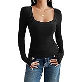 Women Y2k Long Sleeve Slim Fitted Shirt Casual Square Neck Lace Trim Rib Knit Top Basic Solid Color Tee Fall Clothes