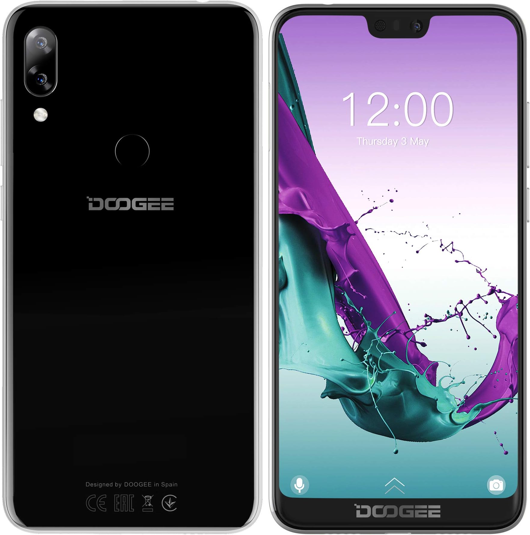 DOOGEE N10 Dual SIM free 4G mobile phone - 5.84 inch FHD+ (1080 * 2280) U-notch screen Android 8.0 smartphone, 1.6GHz Octa core 3GB+32GB, Triple camera 16MP+16MP+13MP, Magnificent & Slim Design Black