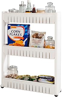 SoBuy FRG40-W Nischenregal Nischenwagen mit 3 Ablagen Küchenregal auf Rollen Badregal Ordnungswagen Allzweckwagen (Weiß, 3 Ablagen-FRG40-W)