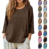 SMIDOW Women Linen Shirts Trendy 2026 - Oversized Long Sleeve Crewneck Long Tunic Tops Casual Spring Summer Blouses