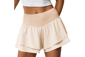Fisoew Womens High Waisted Athletic Shorts Ruffle Tiered Running Workout Tennis Shorts with Build in Shorts