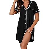 LYANER Women's Striped Nightgown Short Sleeve Sleepshirt Button Down Nightshirt Sleepwear