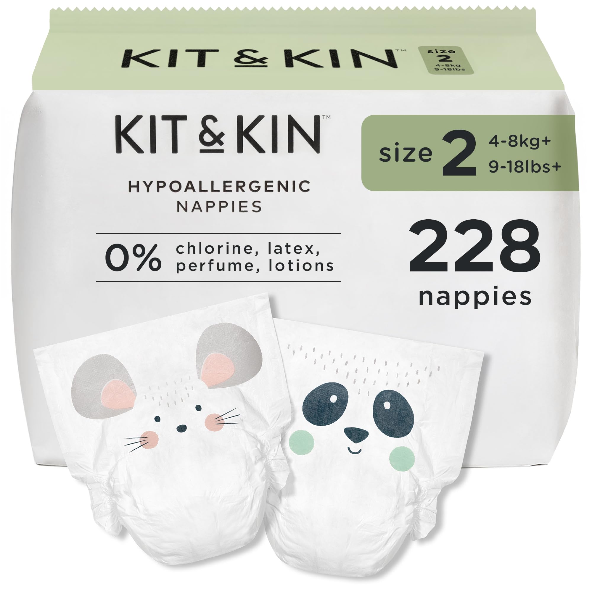 Kit & Kin Premium Baby Nappies Size 2 | 4-8 kgs / 9-18 lbs | Pack of 228 Nappies | Plant-Based Materials On Baby's Skin | Hypoallergenic | Superior up to 12 Hour Leak Protection