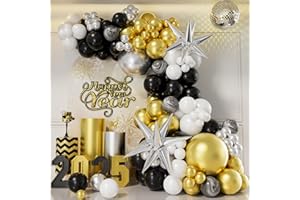 AobkDeco New Years Balloons Arch Kit, New Years Eve Party Supplies 2025 - Black, Gold, Silver, White, Agate Balloons Explosion Star Balloons for New Years Graduation Retirement Birthday Decorations