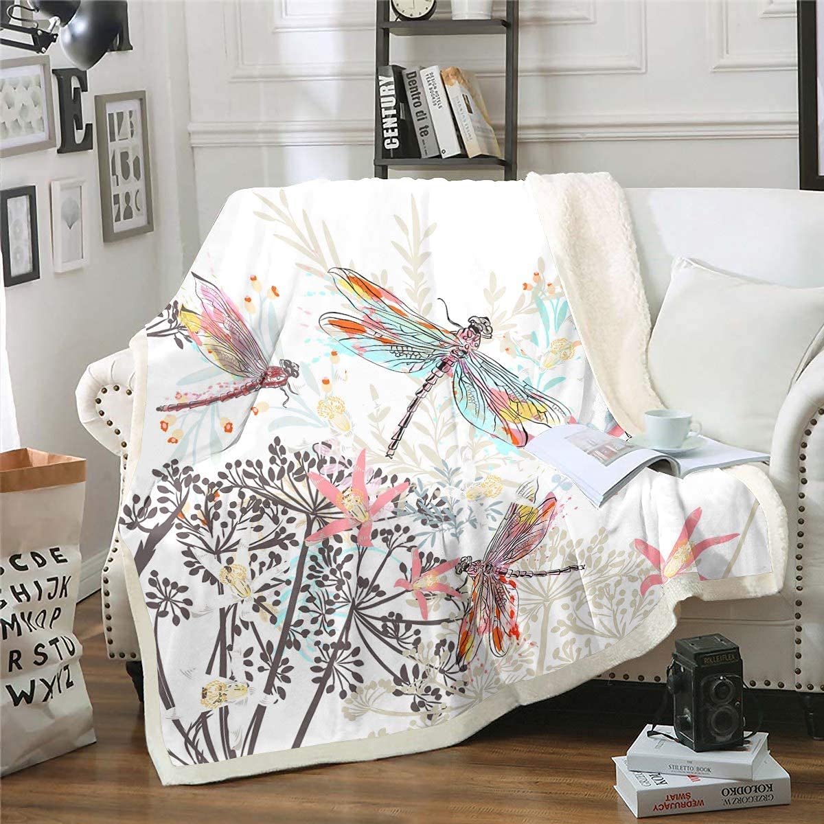 Loussiesd Dragonfly Fleece Throw Blanket Ornamental Dragonfly Printed Sherpa Blanket for Women Adults Botanical Floral Plush Blanket Leaves Branches Fuzzy Blanket for Sofa Bed Couch,Baby 30x40 Inch