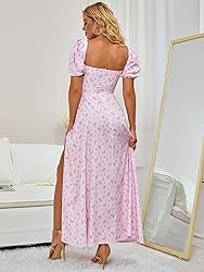 Women's Summer Puff Sleeve Floral Split Maxi Dress