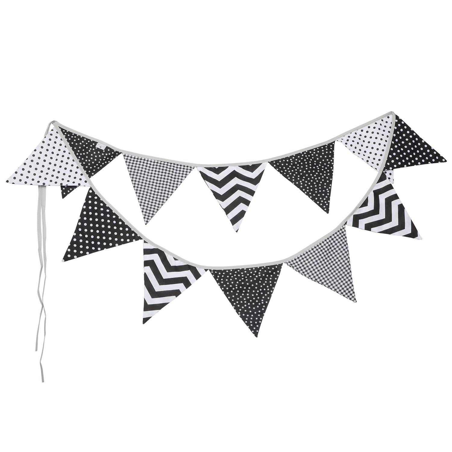 PREMYO Fabric Bunting Flags - Baby Shower Decorations Unisex Nursery - Double Sided Banner Black White