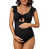 Charmo Ruffle Maternity Bathing Suits for Women Ribbed Tie Knot Maternity Swimsuit Cutout Ruched Pregnancy Swimwear
