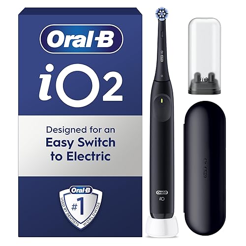 Oral-B iO2 Electric Toothbrush, 1 Gentle Care Toothbrush Head, 1 Travel Case, 1 Travel Refill Holder, Oral B Toothbrush Adults (Night Black), Designed by Braun, 2 Pin UK Plug