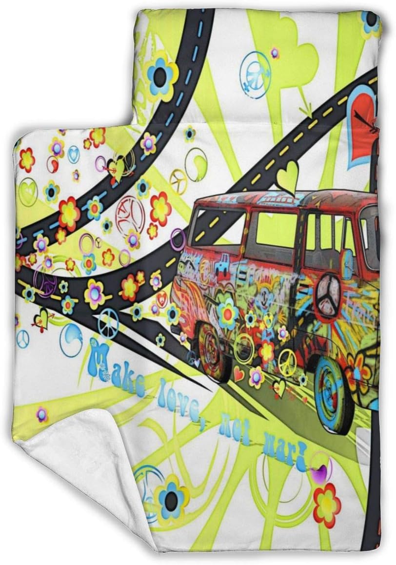 HangWang Toddler Nap Mat Hippie Car Kids Child Sleeping Bag with Pillow and Microfiber Fleece Blanket for Preschool,Daycare,Kindergarten,Sleepovers,Travel,Boys,Girls,Bedding 43x21x2 inch