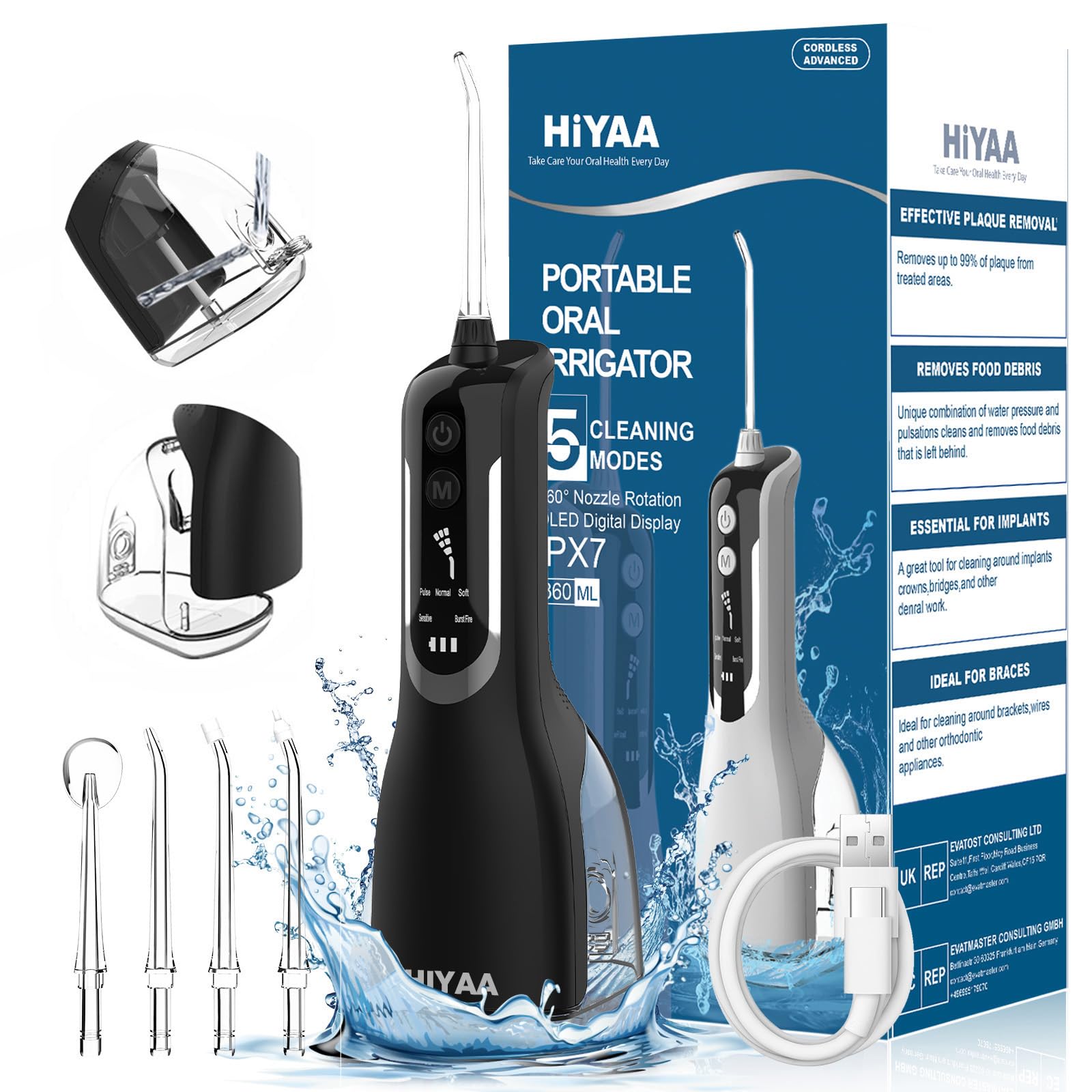 Water Flossers for Teeth Cordless Oral Irrigator Dental Flosser with 5 Modes, 360ML Portable Dental Water Flosser with 4 Jet Tips & USB Rechargeable Use for Travel -Black