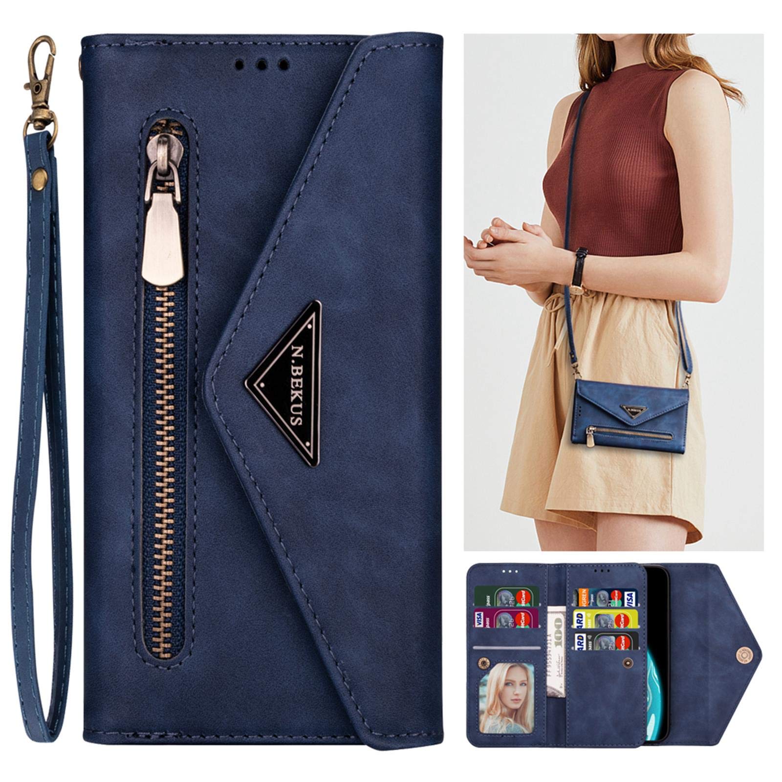 SUMOON Galaxy S10 Plus Zipper Wallet Case for Women/Girl,Flip Purse Leather Envelope Case with Card Holder Coin Pouch Shoulder Hand Strap Shockproof Samsung S10 Plus Crossbody Phone Case Lanyard Blue