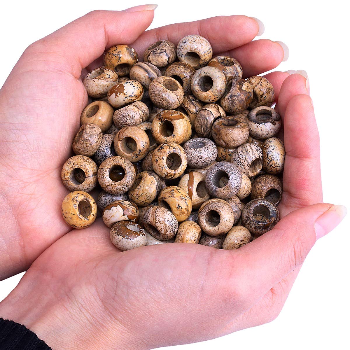 mookaitedecor 20pcs 14mm Natural Picture Jasper Round Large Hole Gemstone Beads for Jewellery Making, 6mm Hole Loose Rondelle Crystal Stone Beads for Crafting European Bracelet Macrame DIY Projects