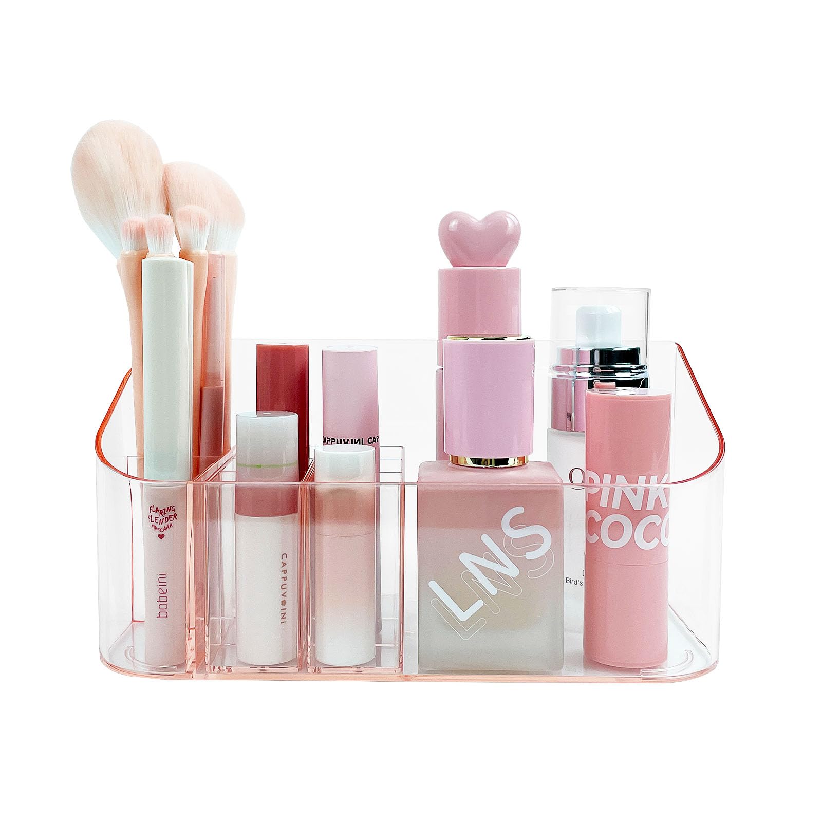 Photo 1 of SUNFICON Makeup Holder Tray Organizer Cosmetic Display Case Tabletop Desktop Vanity Countertop Bathroom Wall Cabinet Medicine Storage Box 9 Dividers 2 Removable for Womens Ladies Girls Crystal Pink