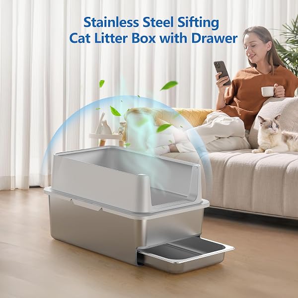 23.6X16X14” SIFTING LITTER BOX WITH DRAWERS, STAINLESS STEEL DRAWER LITTER BOX WITH 6” LID & METAL SCOOP, XL CAT LITTER TRAY, ODOR-CONTROL & SAVES CLEAN TIME, FITS MOST CATS