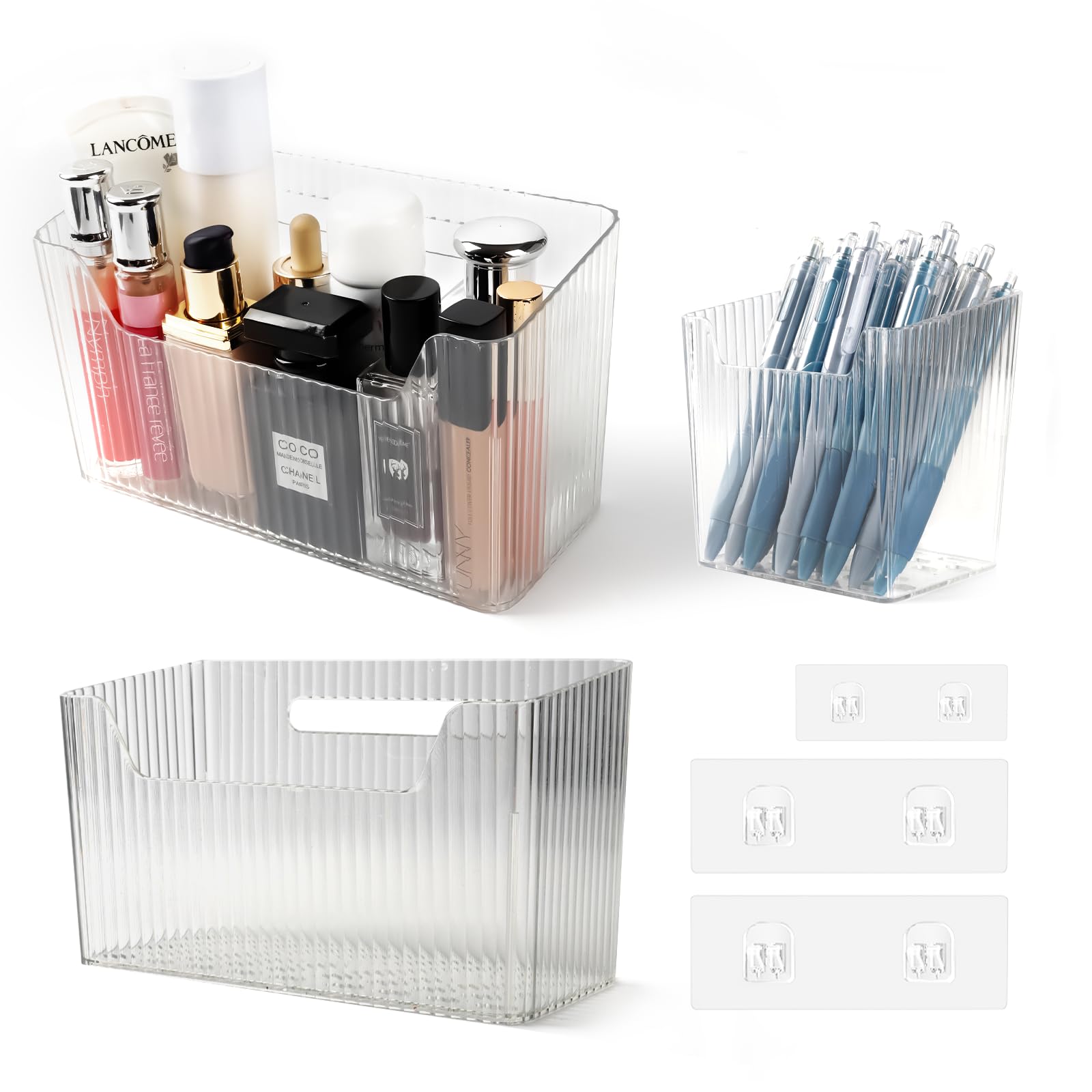 Photo 1 of "Set of 3 Shower Caddy & Cabinet Door Organizer - Wall Mounted Shower Shelves with Adhesive, Stackable Plastic Shower Organizer, Clear Bathroom Organizers for Kitchen, Pantry (BPA Free, Large)"