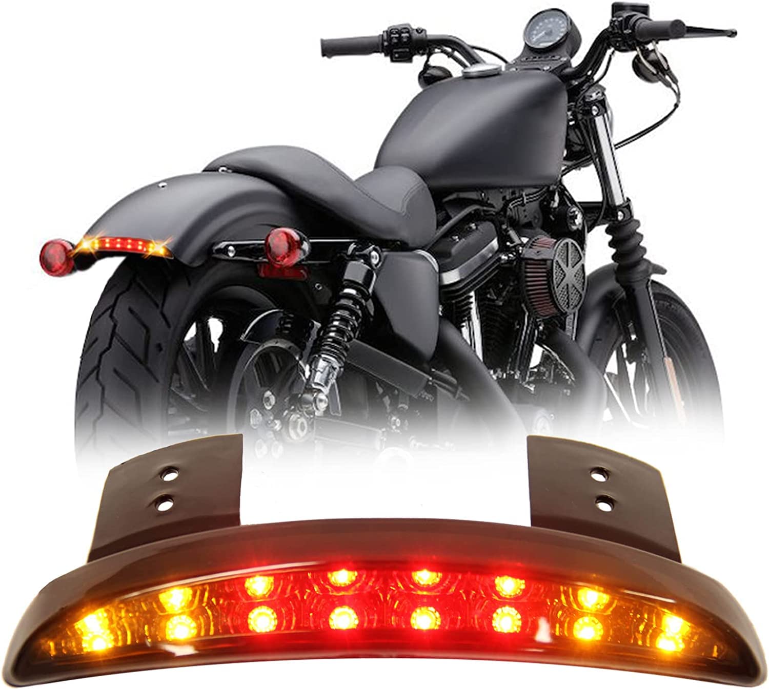 Photo 1 of DREAMIZER Motorcycle Chopped Rear Fender Edge LED Brake License Plate Tail Light Stop Running Light Turn Signal Lamp for Harley Sportster XL883N 1200N XL1200V XL1200X (Black Lens)