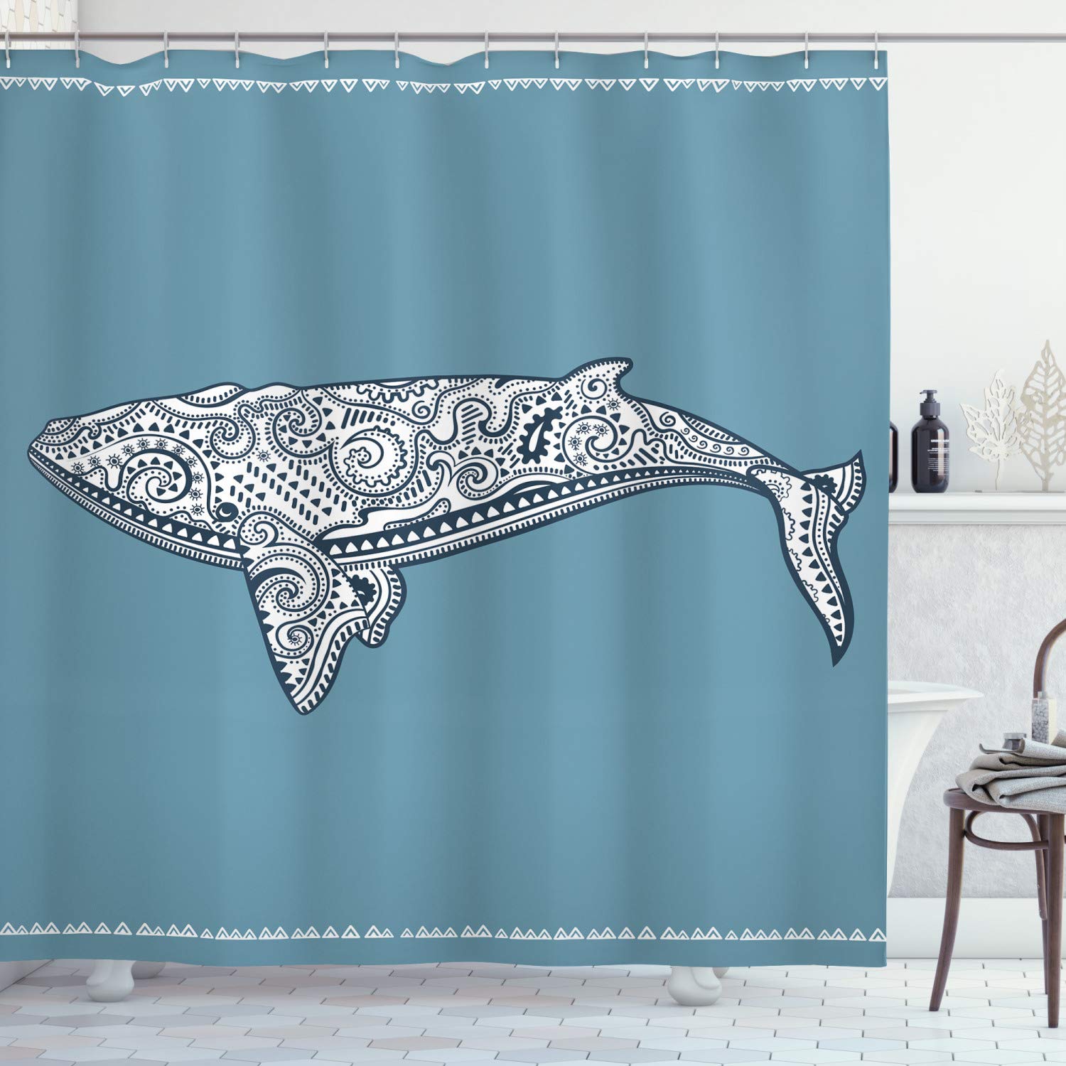 ABAKUHAUS Nautical Shower Curtain, Whale Lettering Totem and Antique Paisley Pattern, Cloth Fabric Bathroom Decor Set with Hooks, 94 Inches, Slate Blue and White