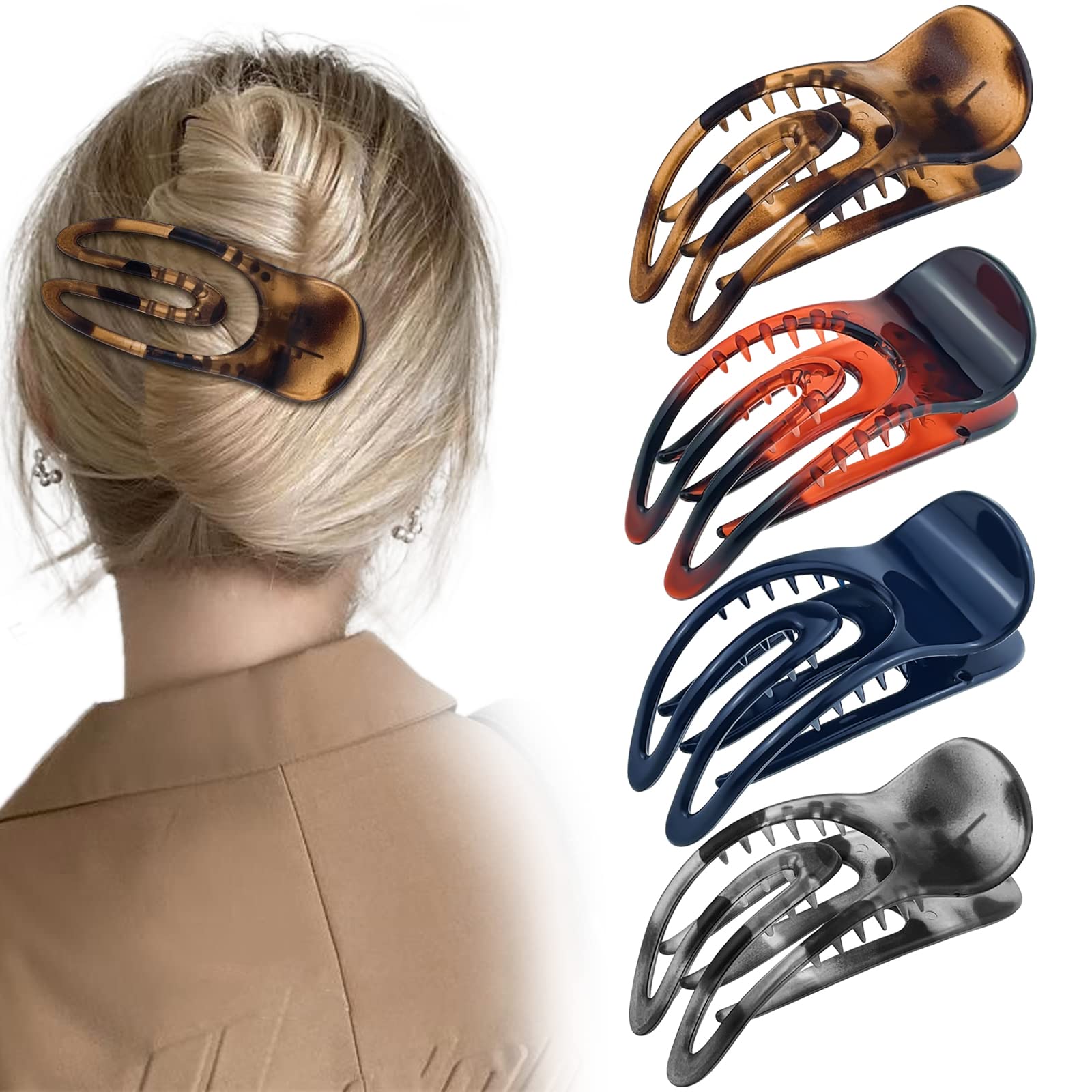 Photo 1 of 4 Pcs French Concord Flat Hair Clips, 3.54 Inch Curved Hair Claw Alligator Hair Clips Volume Strong Hold Banana Barrettes Hair Clamps Jaw Clips for Women