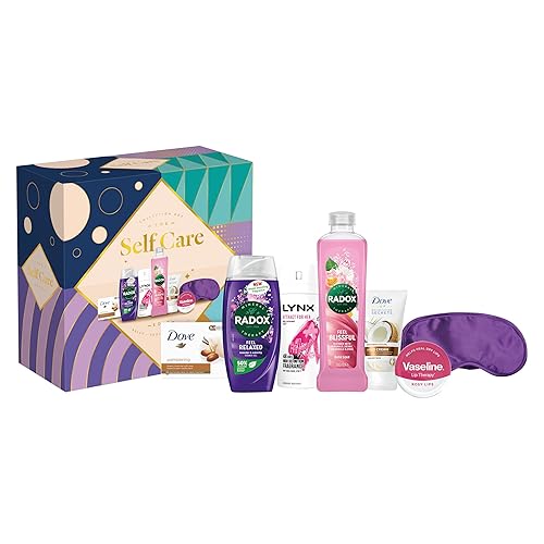 Radox, Lynx, Dove & Vaseline Self Care Collection Box 6 piece Gift Set with an Eye Mask, Body Wash, Bath Soak, Hand Cream, Lip Balm, Beauty Bar and Body Spray Deodorant
