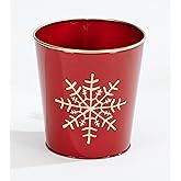 Red Galvanized Metal Christmas Planter Bucket with Snowflake Design, 7.5" Height, 7"Diameter, Set of 2