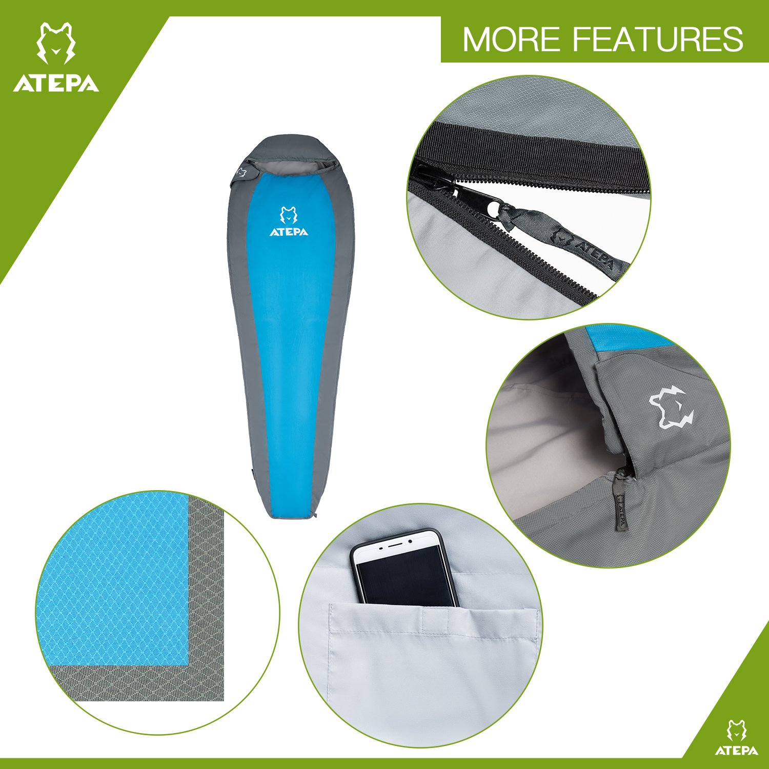 ATEPA Ultra-light Durable Comfort 3-season 32 Degree F/ 41 Degree F Envelope Adult Sleeping Bag (41 Degree / Blue, Left Hand)